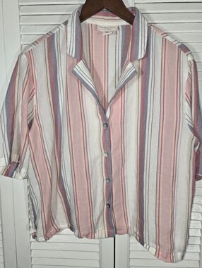 Sincerely Jules Short Sleeve Button Up Relax Cropped Striped Multi Color Shirt L